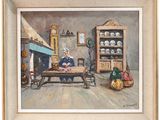 une peinture à l'huile représentant une femme assise à une table dans une cuisine