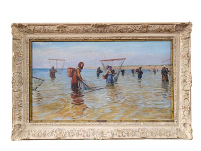 an oil painting of a group of people fishing in the ocean