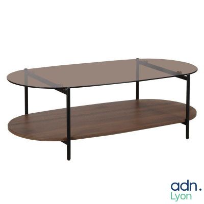 une table basse en verre et en bois avec une étagère en dessous