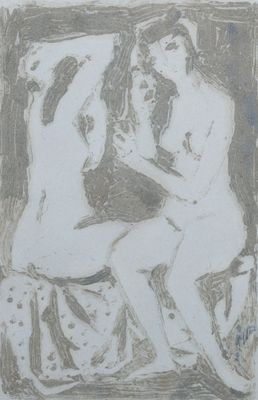 an image of a drawing of two nudes sitting on a bed