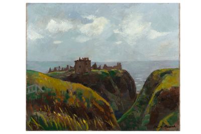 une peinture à l'huile représentant un château situé sur une falaise surplombant l'océan