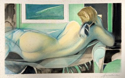 tableau représentant une femme nue allongée sur une chaise dans une pièce