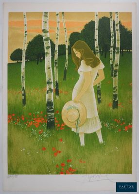 une image représentant un tableau d'une femme dans un champ de coquelicots
