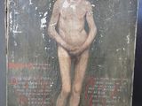 un vieux tableau représentant un homme nu debout devant un fond bleu