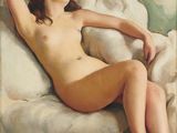 painting of a nude woman laying on a bed with a pillow
