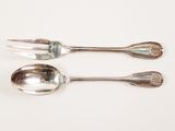 two silver spoons and a fork on a white surface