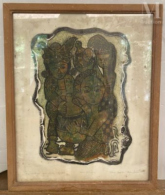 tableau représentant un éléphant et un homme, encadré et posé sur une étagère
