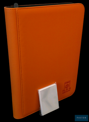 un classeur orange orné d'un bouton blanc