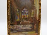 an oil painting of a church with a stained glass window