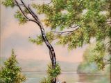 tableau représentant une femme et deux enfants assis sous un arbre au bord de l'eau