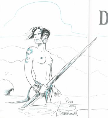 dessin représentant une femme tenant une canne à pêche au bord d'un plan d'eau