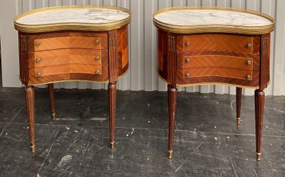 pair of antique french style bedside tables with marble top