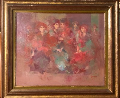 une peinture à l'huile représentant un groupe de femmes en robe rouge