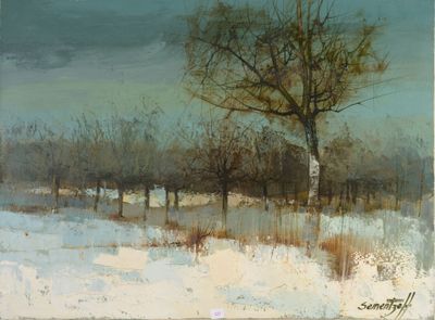 tableau représentant un paysage enneigé avec un arbre au premier plan