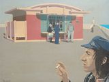 un tableau représentant un homme tenant une cigarette devant un immeuble