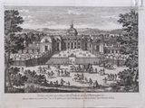 a black and white drawing of a large building with people in it