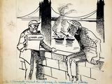 drawing of two men sitting at a table in front of a bridge