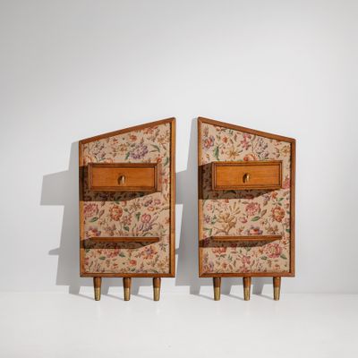 pair of mid - century italian nightstands with floral upholstered drawers