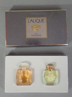 deux flacons de parfum posés dans une boîte sur une table