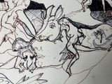 drawing of a group of people riding on horses in a field
