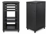une étagère noire avec deux portes ouvertes et une porte fermée