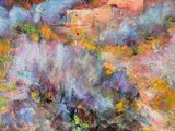 an oil painting of a field of flowers with a house in the background