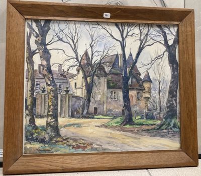 une peinture représentant une peinture d'une maison située dans un environnement boisé