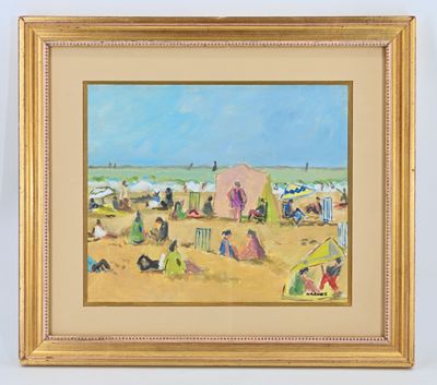 tableau représentant une scène de plage avec des personnes sur le sable et des parasols