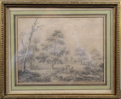 un tableau représentant un paysage avec des arbres et un homme au loin