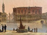 a painting of a boat on the water in front of a large building