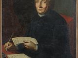 portrait d'un homme vêtu d'un manteau noir, tenant un livre et en train d'écrire