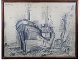 drawing of a boat in the water with a man standing next to it
