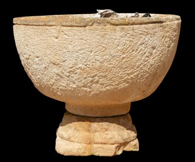 a large stone bowl with fish in it on a pedestal