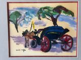 a painting of a horse and buggy with a man and a dog