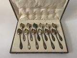 six spoons in a silver case on a white table
