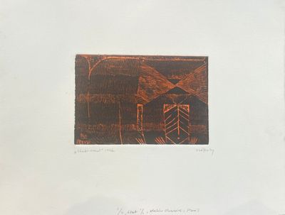 une image représentant un dessin d'une grange dans un champ