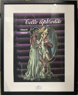 a framed picture of a woman and a man in front of a mirror