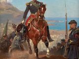 a painting of a man riding a horse on the beach