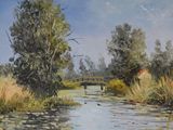 a painting of a river with a bridge in the background