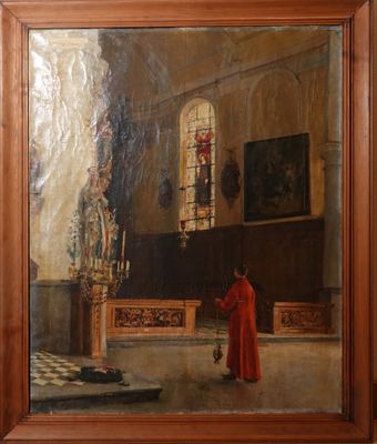 tableau représentant un homme vêtu d'une robe rouge, debout devant une église