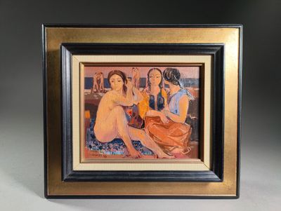 tableau représentant trois femmes assises sur un tapis, dans un cadre noir