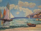 a painting of a sailboat on the beach by the water