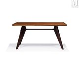 a wooden table with black legs and a wooden top