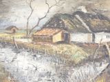 a painting of a house and a boat in the water