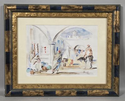 framed watercolor painting of a man and a woman on a horse
