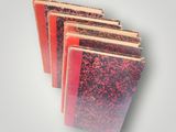 four red notebooks lined up in a row on a white surface