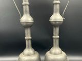 pair of antique pewed metal vases with handles and handles