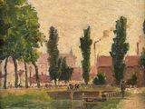 an image of a painting of a park with a bench and trees