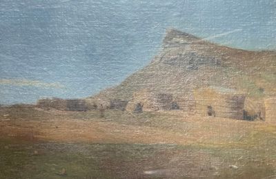 a painting of a landscape with a mountain in the background