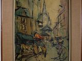 painting of a city street scene with people walking down the street